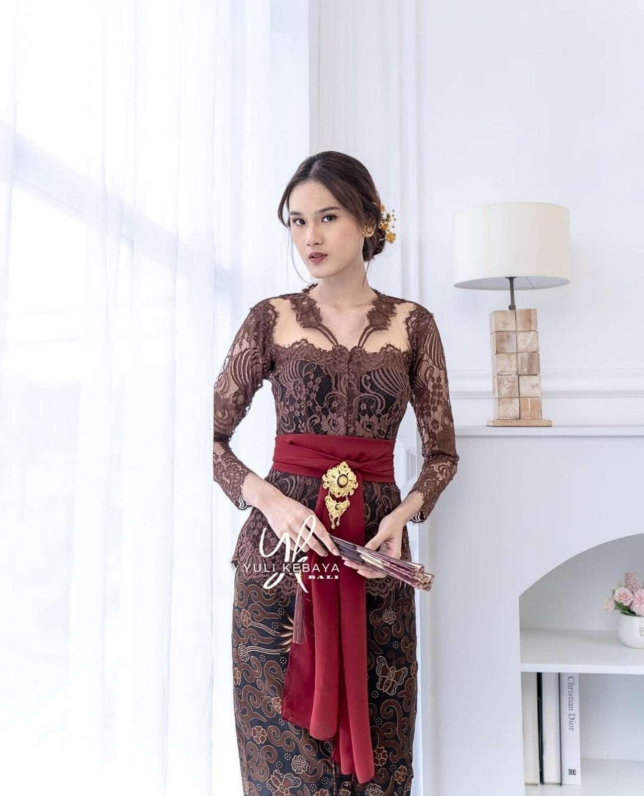 Kebaya dress for wedding & formal event | Full set | Amara series | Brown color