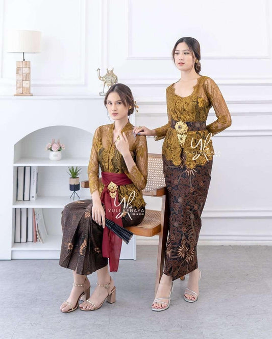 Golden Olive Kebaya Set for Wedding & Formal | Full Set (Kebaya+Skirt+Belt) | Indonesian Traditional
