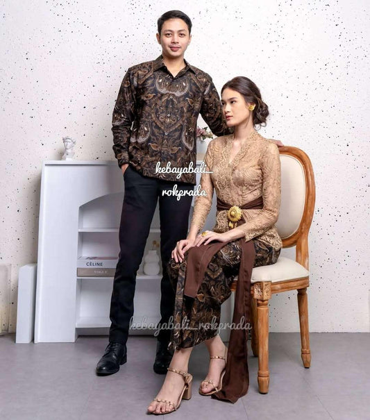 Modern Batik Couple Set | Ice Coffee Kebaya & Jellyfish Motif Shirt | Matching Wedding Outfits