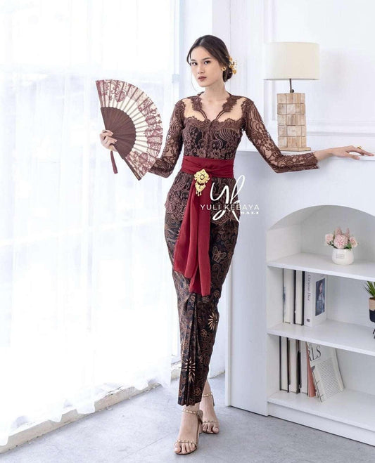 Kebaya dress for wedding & formal event | Full set | Amara series | Brown color
