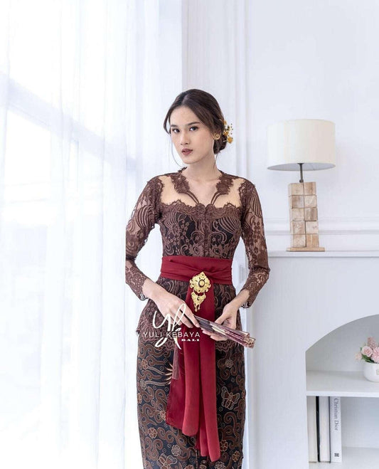 Kebaya dress for wedding & formal event | Full set | Amara series | Brown color
