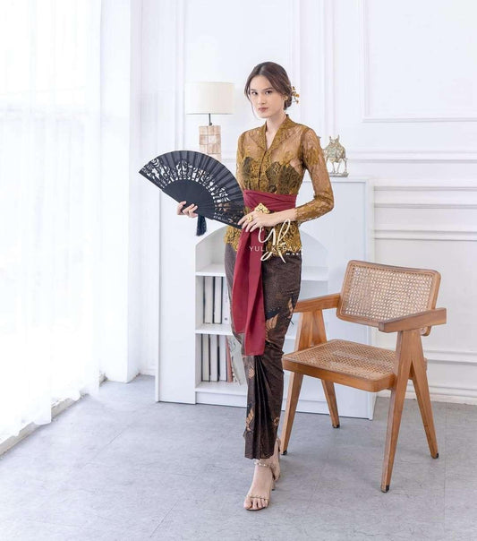 Golden Olive Kebaya Set for Wedding & Formal | Full Set (Kebaya+Skirt+Belt) | Indonesian Traditional
