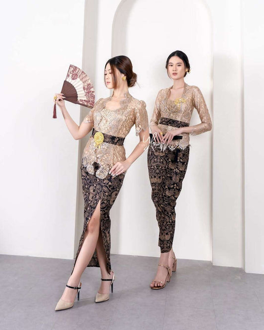 Luxury Swarovski Outline Kebaya Set | Tinkerbell & Aleena Designs | Nude Cream Brocade