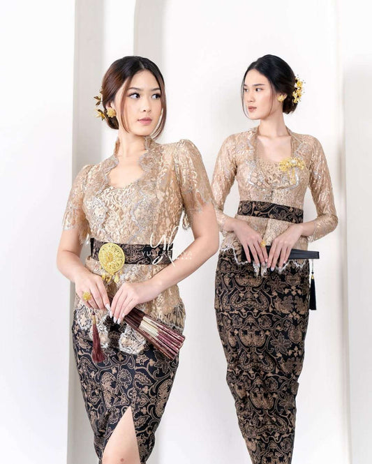 Luxury Swarovski Outline Kebaya Set | Tinkerbell & Aleena Designs | Nude Cream Brocade