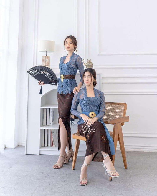 Handmade Indonesian Kebaya Set | Denim Blue Brocade | Wedding & Formal