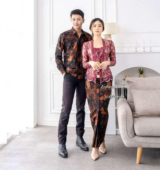 Chitra Maroon & Black Orchid Batik Couple Set | Modern Kebaya & Matching Shirt