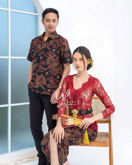 Maroon Couple Kebaya Set | Semi Sabrina Brocade & Batik