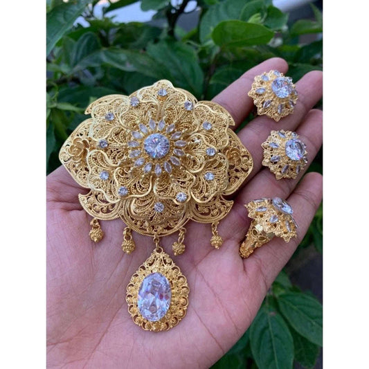 Balinese Kebaya Brooch Set | Alpaca Jewelry | Chest Brooch, Ring & Earrings