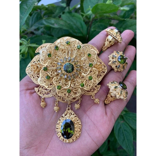 Balinese Kebaya Brooch Set | Alpaca Jewelry | Chest Brooch, Ring & Earrings