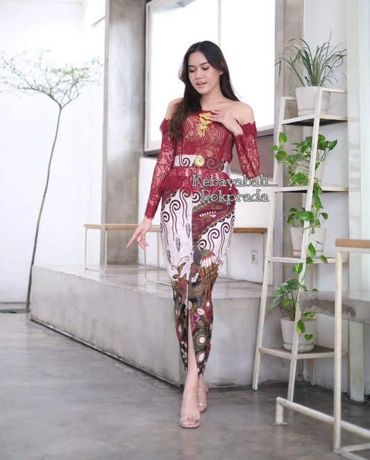 Red Brocade Kebaya Set - Off Shoulder Wedding Dress (Complete Outfit)