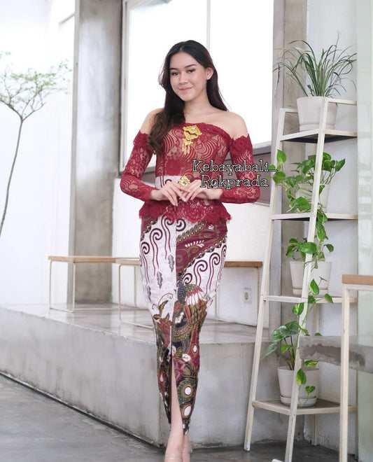 Red Brocade Kebaya Set - Off Shoulder Wedding Dress (Complete Outfit)