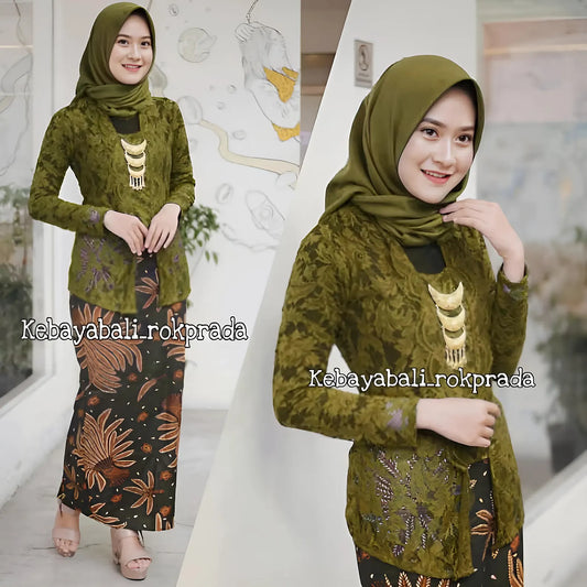 Elegant Hijab Kebaya Set - Square Neck Brocade & Batik (Complete)