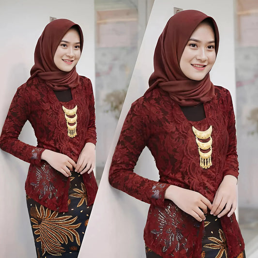 Elegant Hijab Kebaya Set - Square Neck Brocade & Batik (Complete)